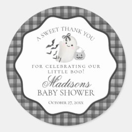 Zwarte Gingham Little Boo Geest Baby Shower Favor Ronde Sticker