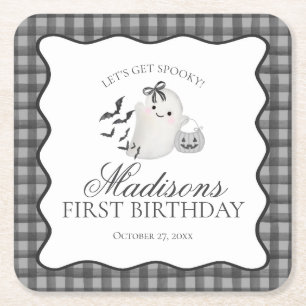 Zwarte Gingham Little Boo Ghost Verjaardagsfeest B Kartonnen Onderzetters