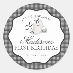 Zwarte Gingham Little Boo Ghost Verjaardagsfeestje Ronde Sticker