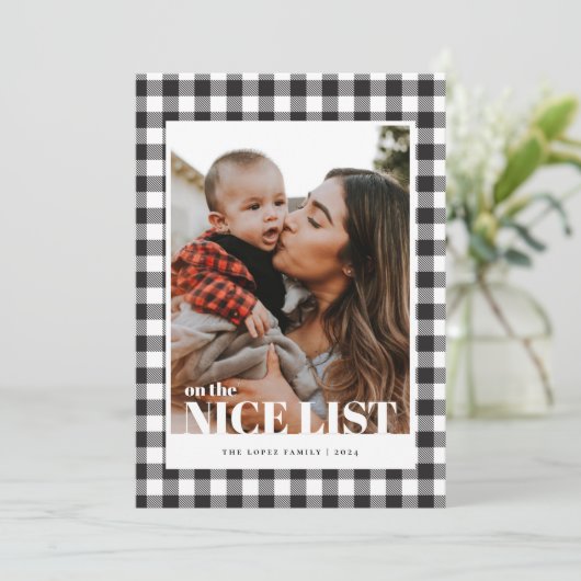 Zwarte Gingham Nice-lijst met kerstkaarten Feestdagenkaart (Staand voorkant)
