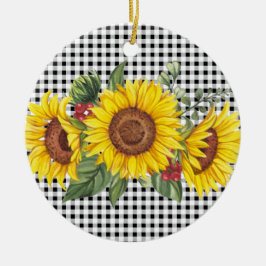 Zwarte Gingham Zonnebloem Aangepaste Feest Favorie Keramisch Ornament