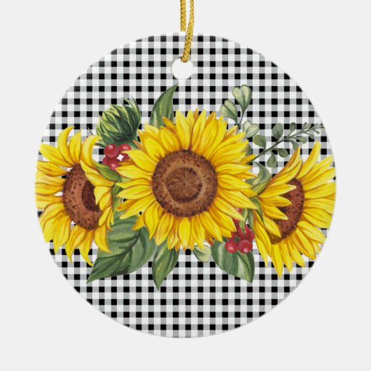 Zwarte Gingham Zonnebloem Aangepaste Feest Favorie Keramisch Ornament (Voorkant)