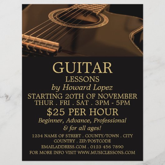 Zwarte gitaar, gitaarlessen Adverteren Flyer (Voorkant)