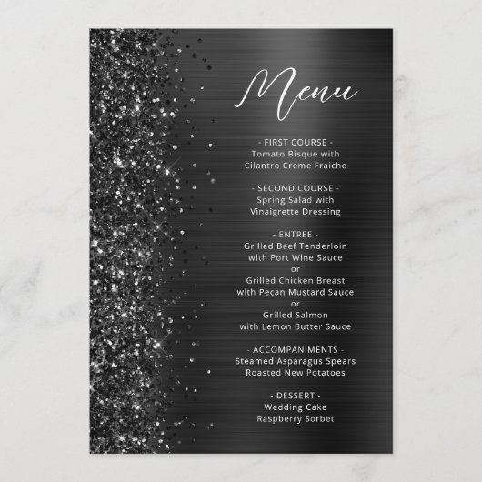 Zwarte Glam Glitter Script Bruiloft Menu (Voorkant)