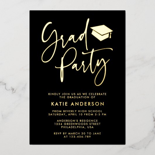 Zwarte Glam Minimalistische Calligraphy Grad Feest Folie Uitnodiging (Voorkant)