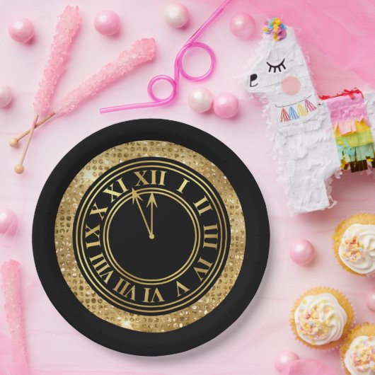 Zwarte Glamoureuze Gold Diamonds - Nieuwjaarsklok Papieren Bordje (Feest)