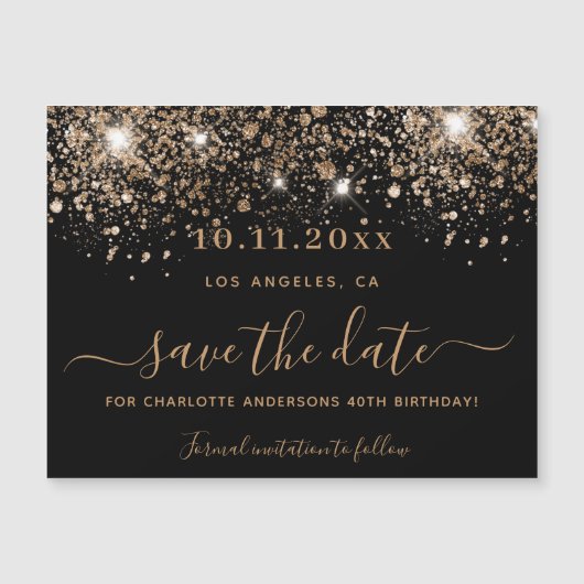 Zwarte glinsterende verjaardagsmagneet om de datum magnetische uitnodiging (Voorkant)