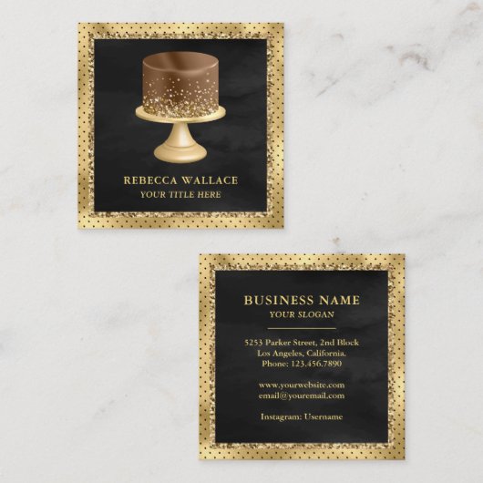 Zwarte Glitter Aangepaste Chocolade Cake Bakery Vierkante Visitekaartje (Voorkant / Achterkant)