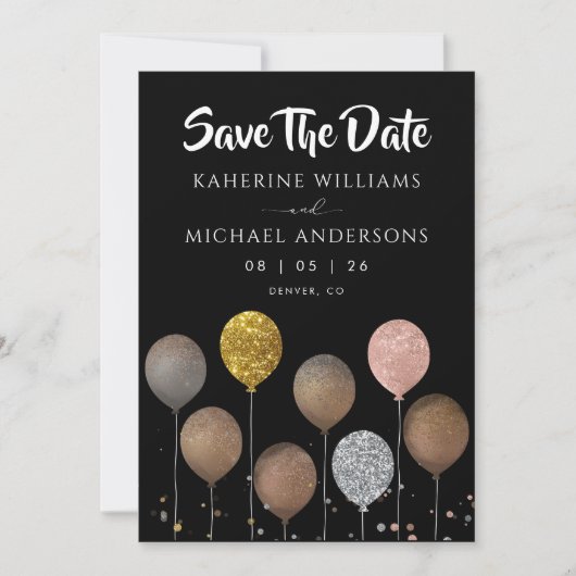 Zwarte Glitter Ballon Save The Date Uitnodigingen (Voorkant)