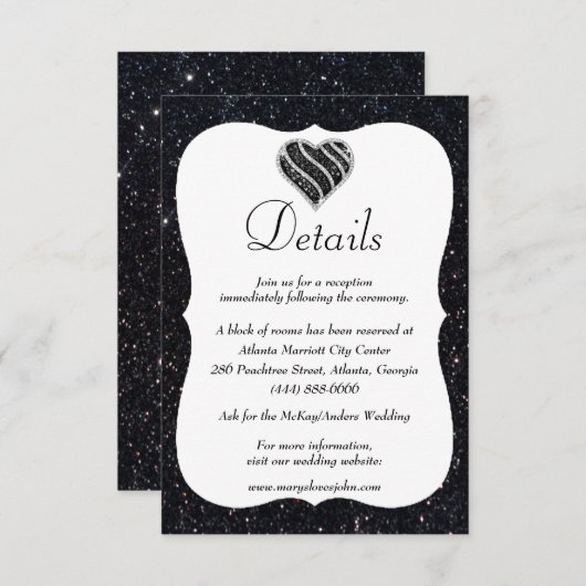 Zwarte Glitter Black en White Heart Weddenschap - Informatiekaartje (Voorkant / Achterkant)