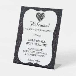 Zwarte Glitter Black & White Heart Weduwveiligheid Reclamebord Met Voetstuk