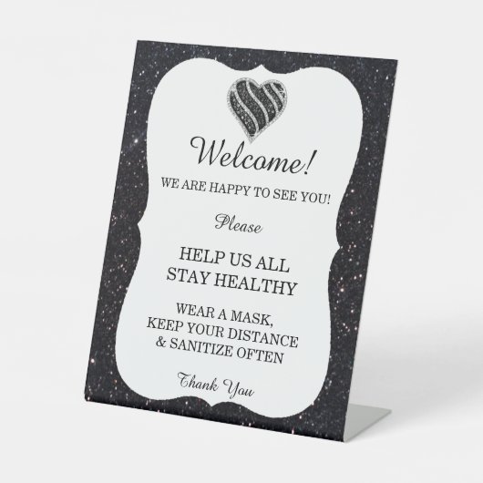 Zwarte Glitter Black & White Heart Weduwveiligheid Reclamebord Met Voetstuk (Voorkant)