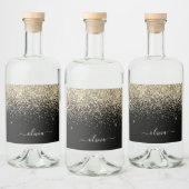 Zwarte Glitter Chic Monogram Naam Likeurfles Etiket (Flessen)