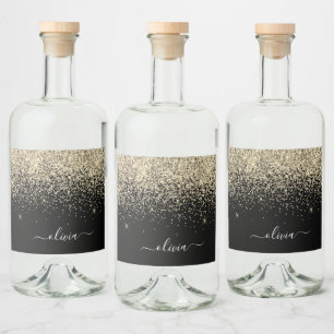 Zwarte Glitter Chic Monogram Naam Likeurfles Etiket