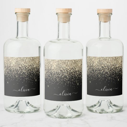 Zwarte Glitter Chic Monogram Naam Likeurfles Etiket (Flessen)