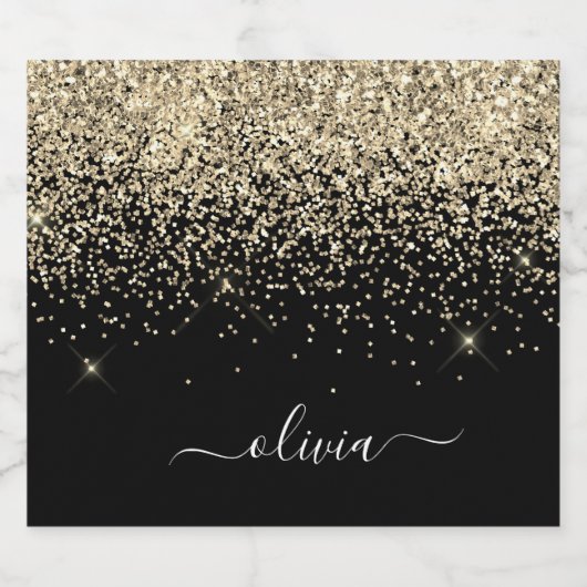 Zwarte Glitter Chic Monogram Naam Likeurfles Etiket (Enkel label)