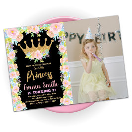 Zwarte Glitter Crown Princess Birthday met foto Kaart