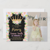 Zwarte Glitter Crown Princess Birthday met foto Kaart (Voorkant)