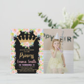 Zwarte Glitter Crown Princess Birthday met foto Kaart (Staand voorkant)