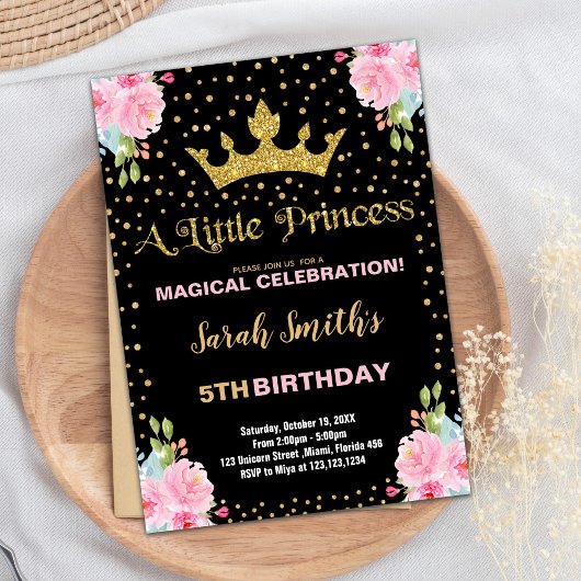 Zwarte Glitter Crown Princess Birthday-uitnodiging Kaart