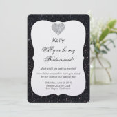 Zwarte Glitter Diamant Hart Bruidsmeisje Kaart (Staand voorkant)