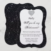 Zwarte Glitter Diamond Heart Bridesmaid-Kaart Kaart (Voorkant / Achterkant)