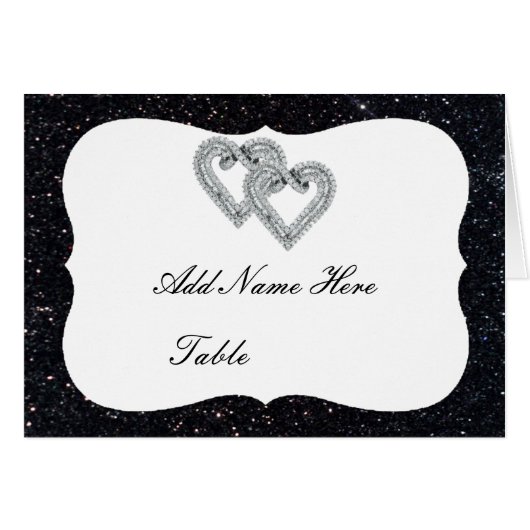 Zwarte Glitter Diamond Hearts Table Place Card (Voorkant Horizontaal)