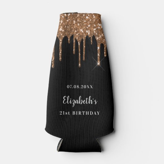 Zwarte glitter drift gouden monogram flesjeskoeler (Voorkant)