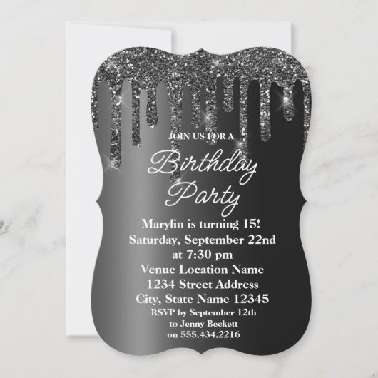 ZWARTE GLITTER DRIP ELEGANT BIRTHDAY INVITATION KAART (Voorkant)