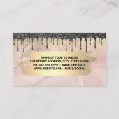 Zwarte Glitter Drip | Roze Marmer Gouden Metaal Visitekaartje (Achterkant)