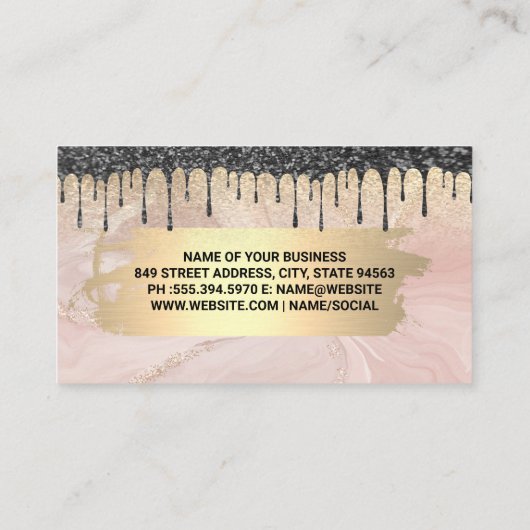 Zwarte Glitter Drip | Roze Marmer Gouden Metaal Visitekaartje (Achterkant)