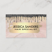 Zwarte Glitter Drip | Roze Marmer Gouden Metaal Visitekaartje (Voorkant)