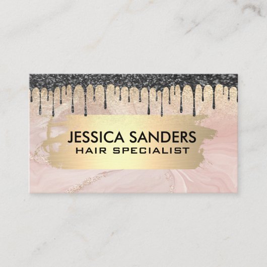 Zwarte Glitter Drip | Roze Marmer Gouden Metaal Visitekaartje (Voorkant)