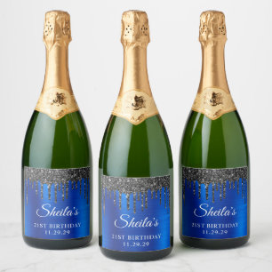 Zwarte Glitter Druppels Koningsblauw Glam 21e Verj Sparkling Wijnetiket