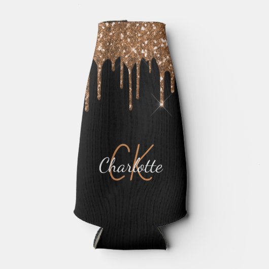 Zwarte glitter druppelt goudmonogram op flesjeskoeler (Voorkant)