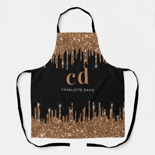 Zwarte glitter druppelt goudmonogram schort (Voorkant)