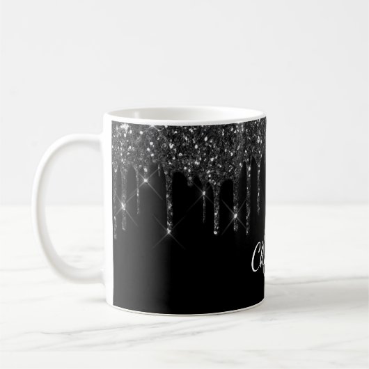 Zwarte glitter druppelt monogram initialen koffiemok (Links)