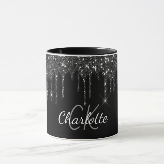Zwarte glitter druppelt monogram initialen luxe mok (Midden)