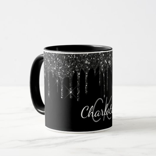 Zwarte glitter druppelt monogram initialen luxe mok (Voorkant links)