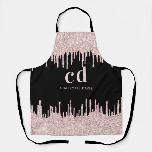 Zwarte glitter druppelt roos goudmonogram schort (Voorkant)