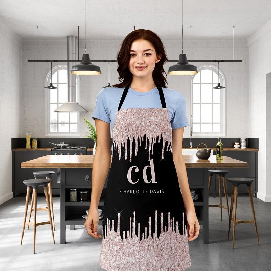 Zwarte glitter druppelt roos goudmonogram schort