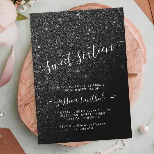 zwarte glitter elegant chic typografie Sweet 16 Kaart