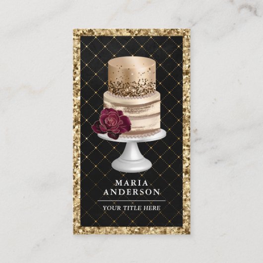 Zwarte Glitter Floral Cake Pastry Chef Bakery Visitekaartje (Voorkant)