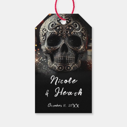 Zwarte Glitter Glam Schitterende Schedel Gotisch Cadeaulabel (Achterkant)
