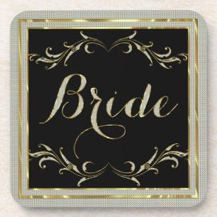 Zwarte Glitter & Gold Floral Lijst Bride Tekst Bier Onderzetter