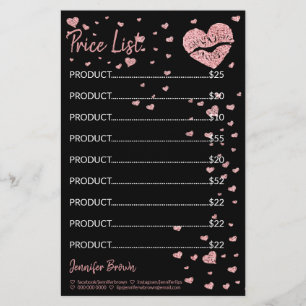 Zwarte Glitter Hart Lip Lipstick Make-up prijslijs Briefpapier
