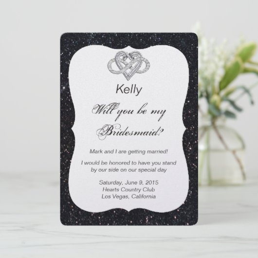 Zwarte Glitter Infinity Heart Bridesmaid Kaart (Staand voorkant)