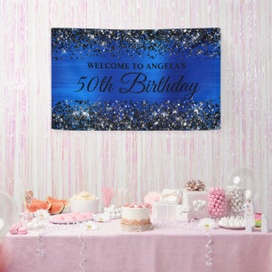 Zwarte Glitter Koningsblauw 50ste Verjaardag Welko Spandoek