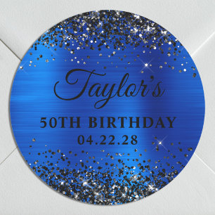 Zwarte Glitter Koningsblauwe Folie 50e Verjaardag Ronde Sticker