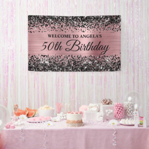 Zwarte Glitter Licht Roze 50ste Verjaardag Welkom Spandoek